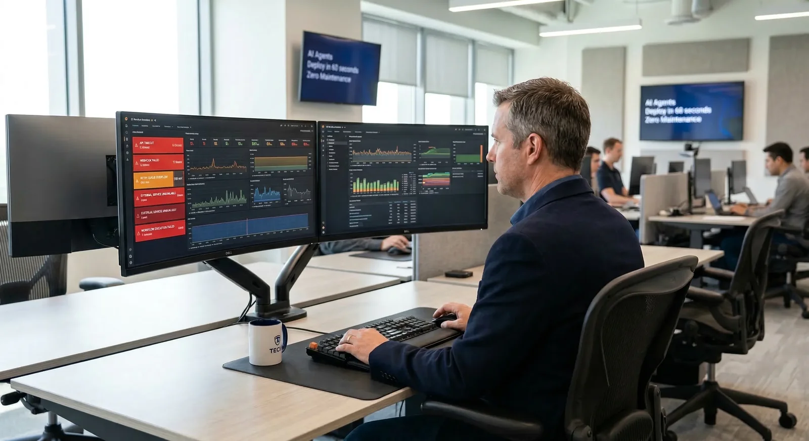 IT-Entscheider vor einem Dashboard mit roten Fehlermeldungen – Symbol für die Kluft zwischen KI-Versprechen und produktionsreifer Realität im Mittelstand.